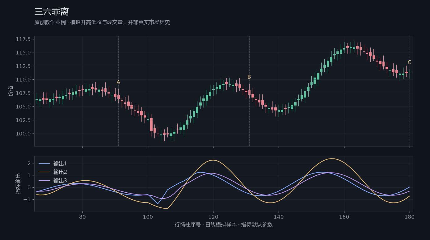 三六乖离原创模拟行情图,标出甲乙丙观察位置、价格与指标输出