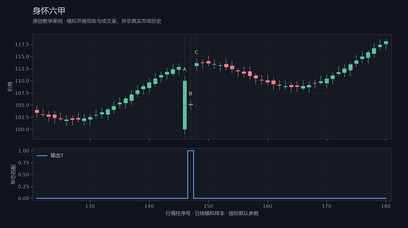 身怀六甲原创模拟行情图,标出甲乙丙观察位置、价格与指标输出