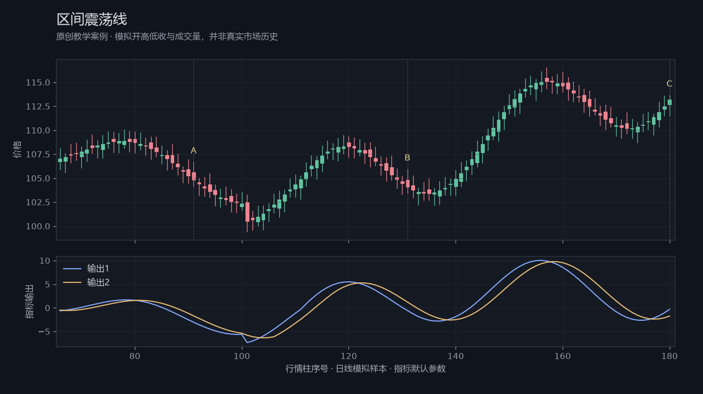 区间震荡线原创模拟行情图,标出甲乙丙观察位置、价格与指标输出