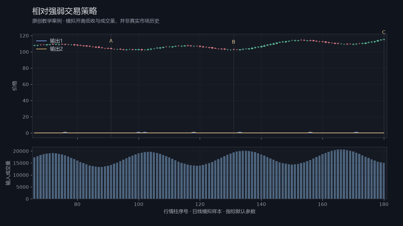 相对强弱交易策略原创模拟行情图,标出甲乙丙观察位置、价格与指标输出