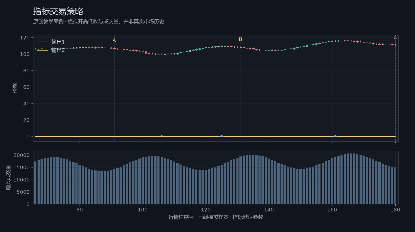 指标交易策略原创模拟行情图，标出甲乙丙观察位置、价格与指标输出