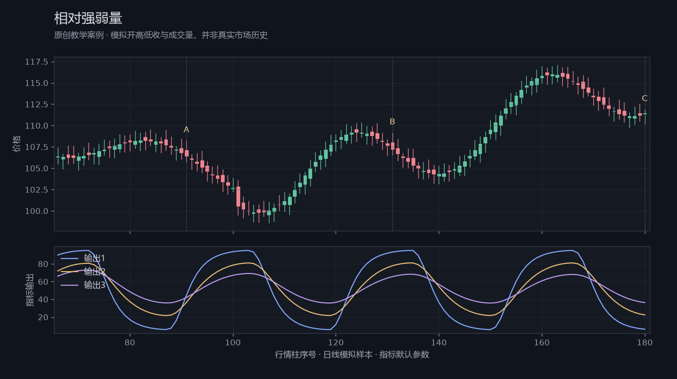 相对强弱量原创模拟行情图,标出甲乙丙观察位置、价格与指标输出