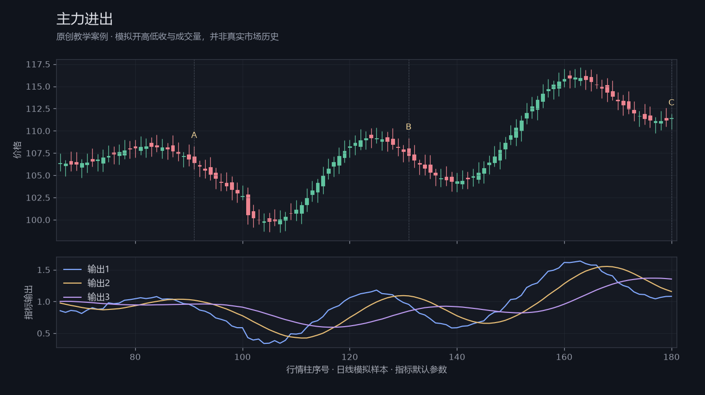 主力进出原创模拟行情图,标出甲乙丙观察位置、价格与指标输出